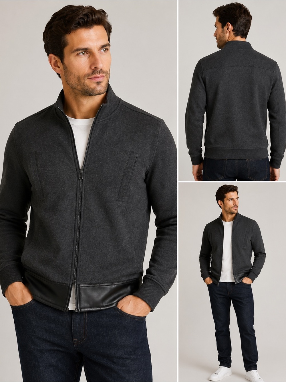 Michael Kors Men’s Full Zip Sweater Jacket Charcoal Gray Faux Leather Trim Small